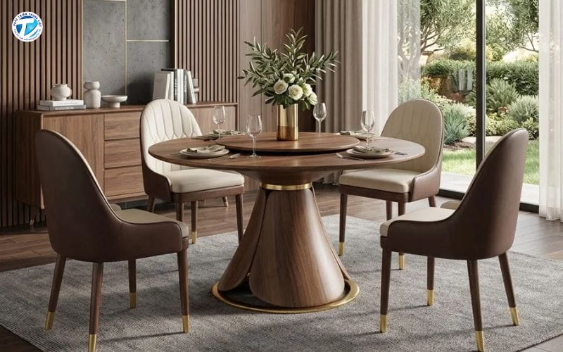 Bàn tròn ăn cơm gỗ óc chó cao cấp chân trụ điêu khắc